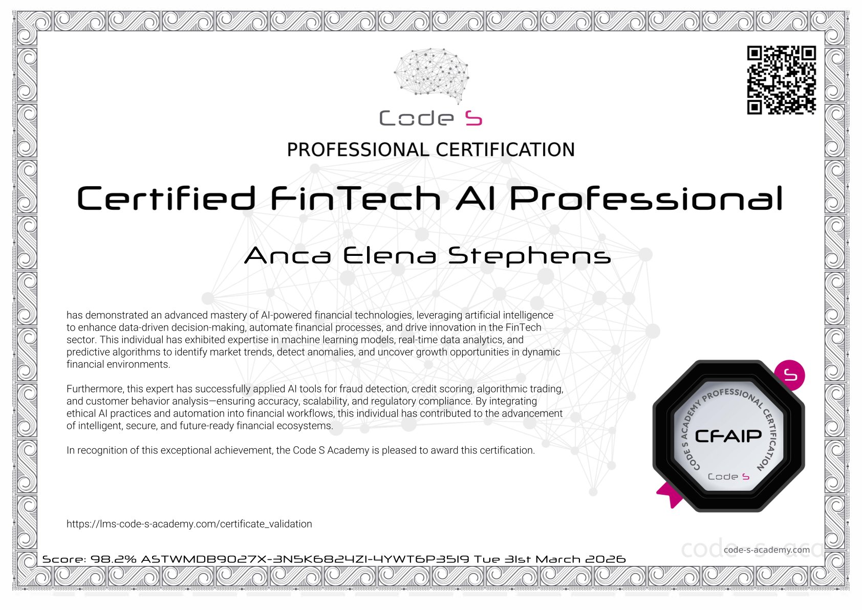 CFAIP certificate, Anca Elena Stephens, Code S Academy, score 98.2%