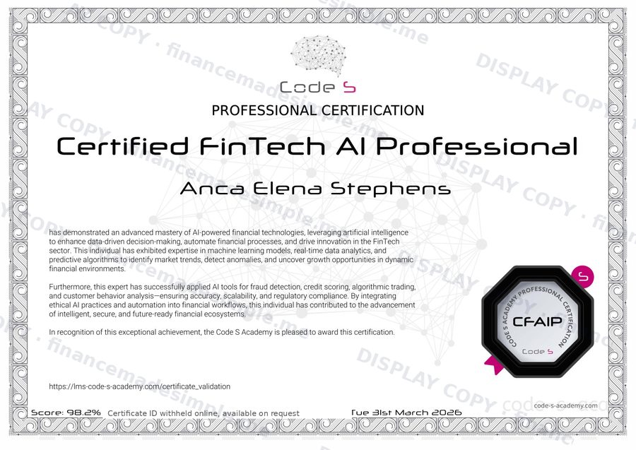 CFAIP certificate, Anca Elena Stephens, Code S Academy, score 98.2%